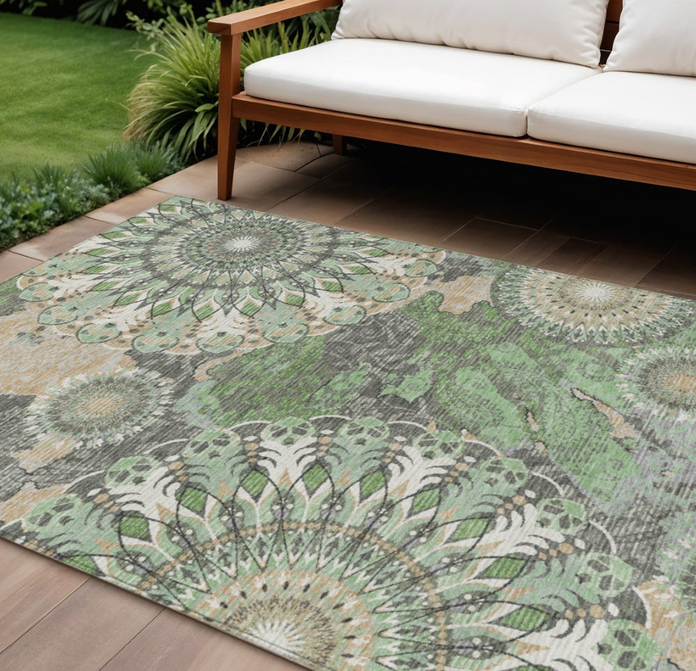 HomeRoots 10' Elegant Green Ivory Gold Paisley Washable Area Rug for Indoor & Outdoor Spaces – Durable & Stylish 659927