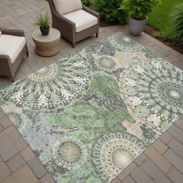 HomeRoots 10' Elegant Green Ivory Gold Paisley Washable Area Rug for Indoor & Outdoor Spaces – Durable & Stylish 659927