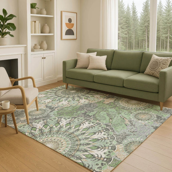 HomeRoots 10' Elegant Green Ivory Gold Paisley Washable Area Rug for Indoor & Outdoor Spaces – Durable & Stylish 659927