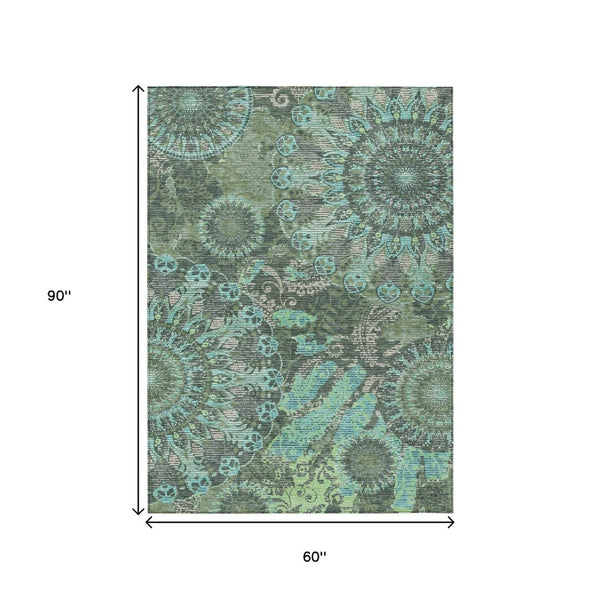 HomeRoots 5' Timeless Olive Green, Blue & Gray Paisley Washable Area Rug for Indoor & Outdoor Spaces 659929