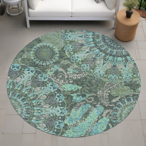 HomeRoots 8' Round Paisley Area Rug in Olive Green, Blue & Gray - Washable, Durable for Indoor/Outdoor Use! 659930