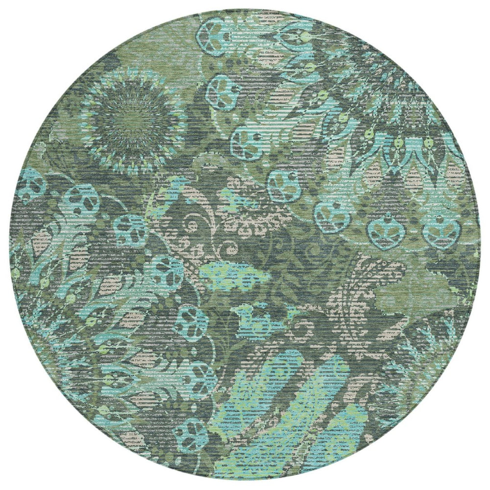 HomeRoots 8' Round Paisley Area Rug in Olive Green, Blue & Gray - Washable, Durable for Indoor/Outdoor Use! 659930