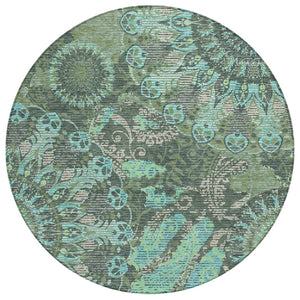 HomeRoots 8' Round Paisley Area Rug in Olive Green, Blue & Gray - Washable, Durable for Indoor/Outdoor Use! 659930