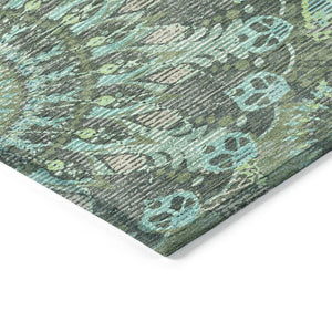 HomeRoots 8' Round Paisley Area Rug in Olive Green, Blue & Gray - Washable, Durable for Indoor/Outdoor Use! 659930