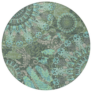 HomeRoots 8' Round Paisley Area Rug in Olive Green, Blue & Gray - Washable, Durable for Indoor/Outdoor Use! 659930
