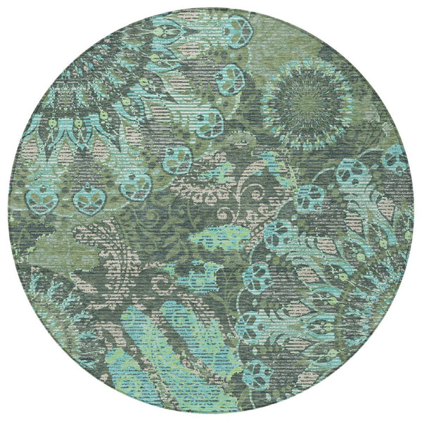 HomeRoots 8' Round Paisley Area Rug in Olive Green, Blue & Gray - Washable, Durable for Indoor/Outdoor Use! 659930