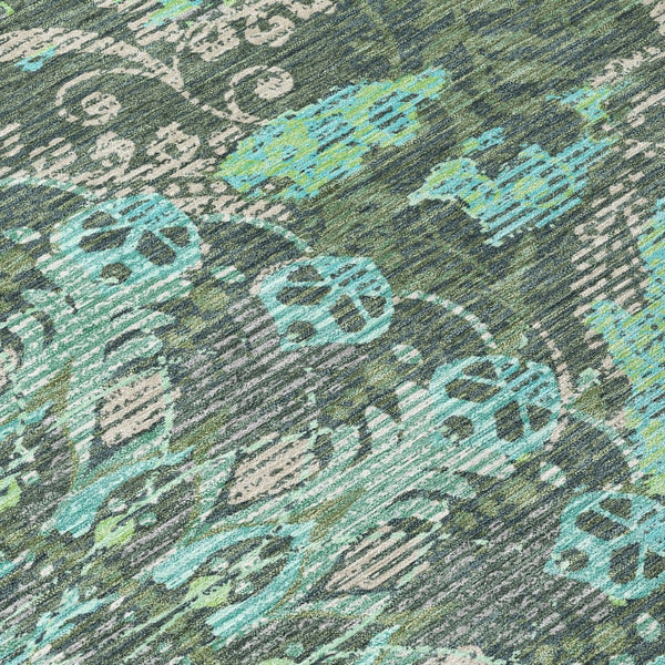 HomeRoots 8' Round Paisley Area Rug in Olive Green, Blue & Gray - Washable, Durable for Indoor/Outdoor Use! 659930