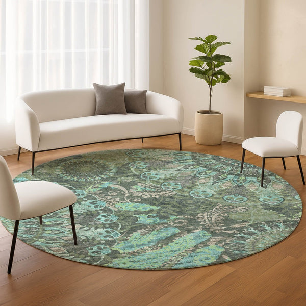 HomeRoots 8' Round Paisley Area Rug in Olive Green, Blue & Gray - Washable, Durable for Indoor/Outdoor Use! 659930