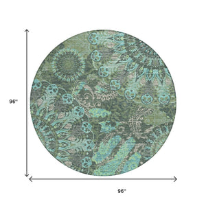 HomeRoots 8' Round Paisley Area Rug in Olive Green, Blue & Gray - Washable, Durable for Indoor/Outdoor Use! 659930