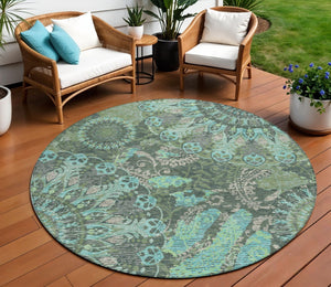 HomeRoots 8' Round Paisley Area Rug in Olive Green, Blue & Gray - Washable, Durable for Indoor/Outdoor Use! 659930