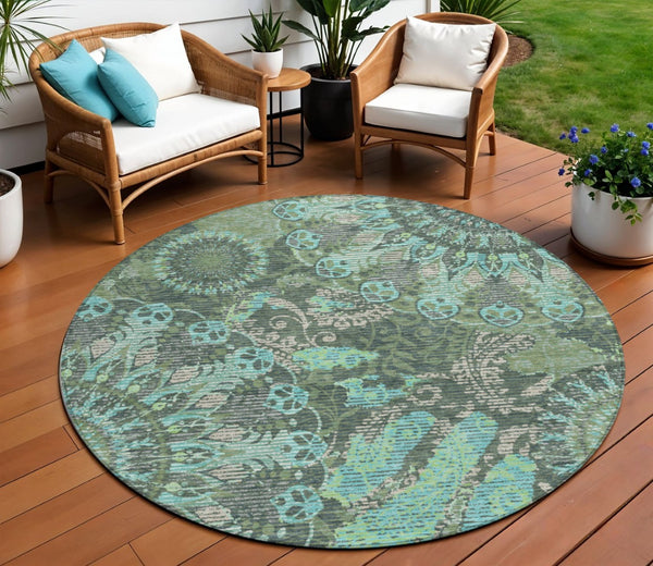 HomeRoots 8' Round Paisley Area Rug in Olive Green, Blue & Gray - Washable, Durable for Indoor/Outdoor Use! 659930