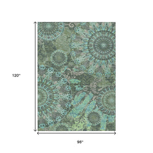 HomeRoots 8' X 10' Olive Green, Blue & Gray Paisley Indoor/Outdoor Rug - Durable, Washable, Stylish Decor! 659931