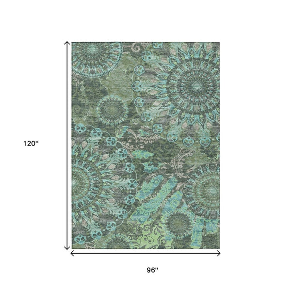 HomeRoots 8' X 10' Olive Green, Blue & Gray Paisley Indoor/Outdoor Rug - Durable, Washable, Stylish Decor! 659931