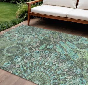 HomeRoots 8' X 10' Olive Green, Blue & Gray Paisley Indoor/Outdoor Rug - Durable, Washable, Stylish Decor! 659931