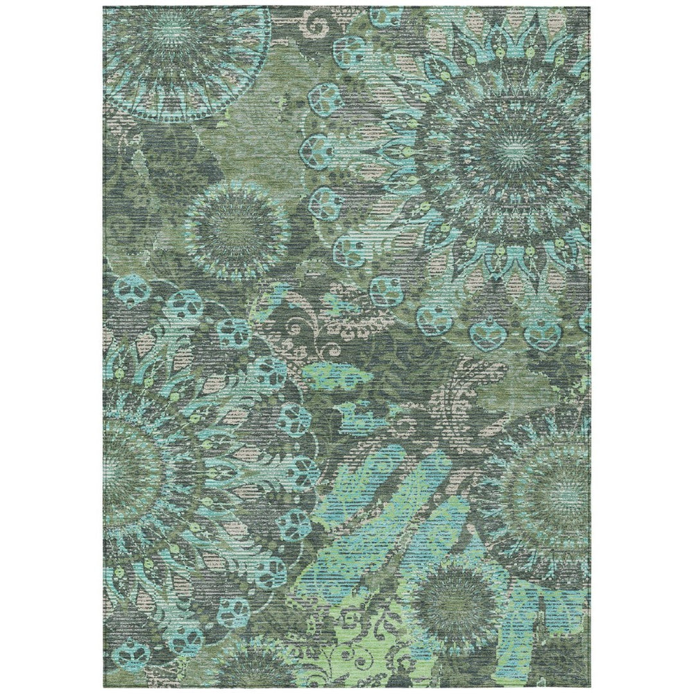 HomeRoots 8' X 10' Olive Green, Blue & Gray Paisley Indoor/Outdoor Rug - Durable, Washable, Stylish Decor! 659931