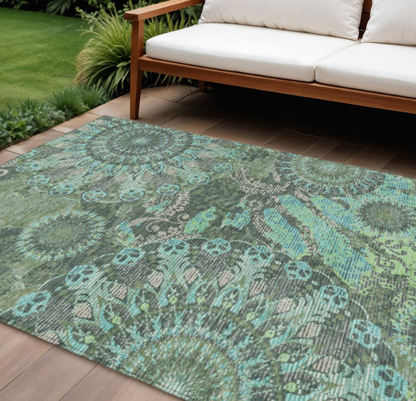 HomeRoots 9' Timeless Olive Green, Blue & Gray Paisley Washable Area Rug for Indoor/Outdoor Versatility 659932