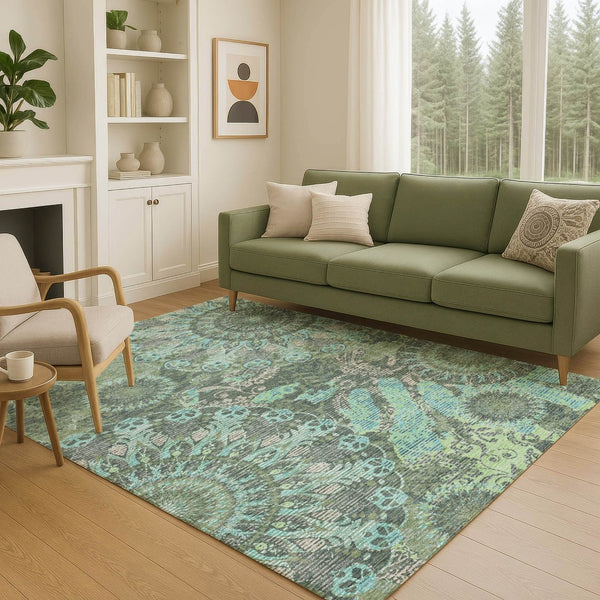 HomeRoots 9' Timeless Olive Green, Blue & Gray Paisley Washable Area Rug for Indoor/Outdoor Versatility 659932