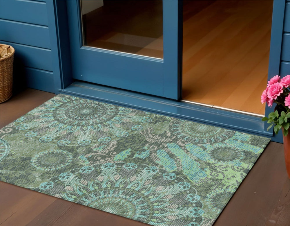HomeRoots 10' Washable Olive Green, Blue & Gray Paisley Area Rug - Stylish Indoor/Outdoor Durable Design! 659933