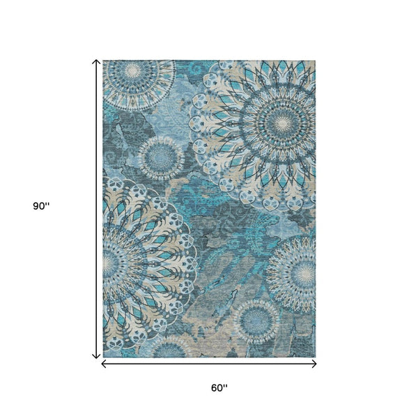 HomeRoots 5' X 8' Teal Blue Khaki Ivory Paisley Area Rug - Washable, Stain-Resistant, Indoor/Outdoor Versatility 659935