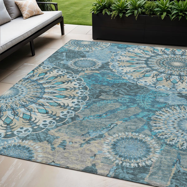 HomeRoots 5' X 8' Teal Blue Khaki Ivory Paisley Area Rug - Washable, Stain-Resistant, Indoor/Outdoor Versatility 659935