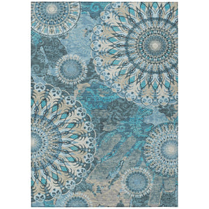 HomeRoots 5' X 8' Teal Blue Khaki Ivory Paisley Area Rug - Washable, Stain-Resistant, Indoor/Outdoor Versatility 659935