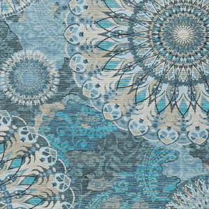 HomeRoots 5' X 8' Teal Blue Khaki Ivory Paisley Area Rug - Washable, Stain-Resistant, Indoor/Outdoor Versatility 659935