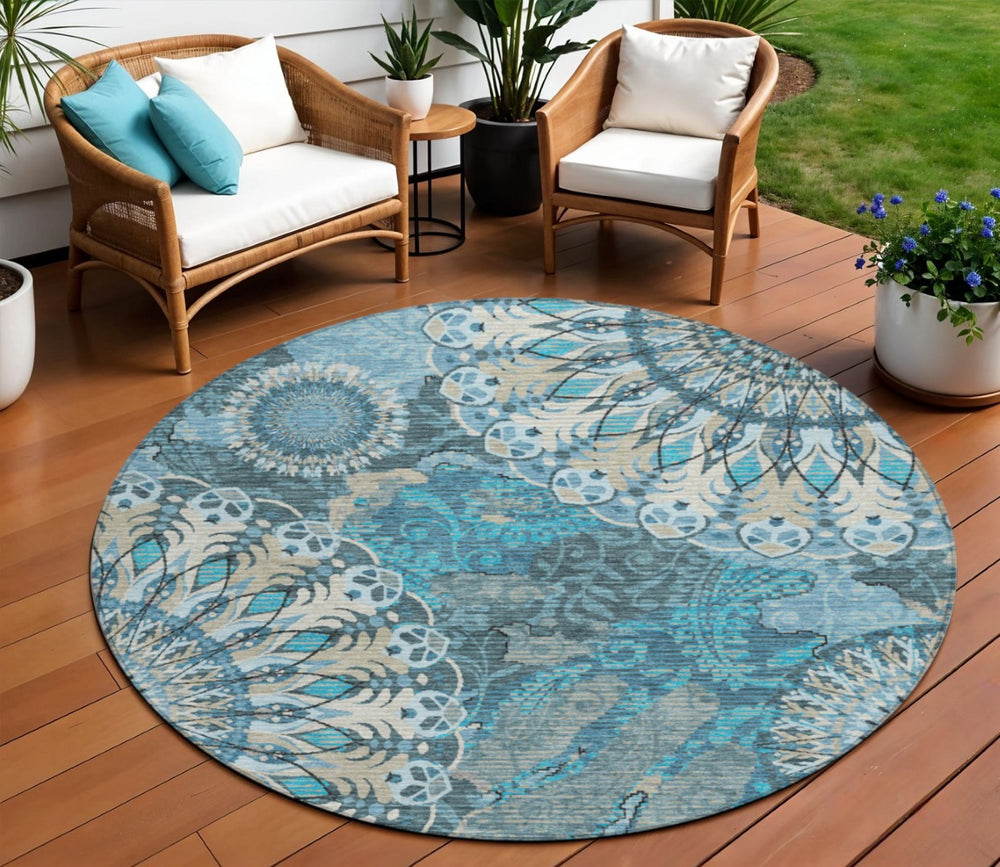 HomeRoots 8' Teal Blue Paisley Round Area Rug - Durable, Washable Design for Indoor & Outdoor Spaces, Family-Friendly 659936