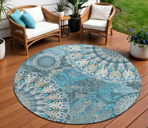 HomeRoots 8' Teal Blue Paisley Round Area Rug - Durable, Washable Design for Indoor & Outdoor Spaces, Family-Friendly 659936