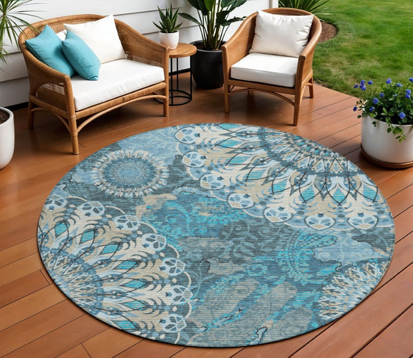 HomeRoots 8' Teal Blue Paisley Round Area Rug - Durable, Washable Design for Indoor & Outdoor Spaces, Family-Friendly 659936