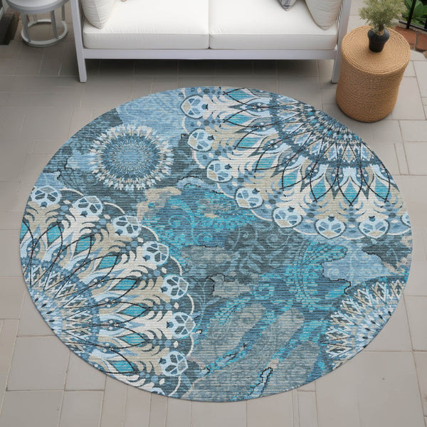 HomeRoots 8' Teal Blue Paisley Round Area Rug - Durable, Washable Design for Indoor & Outdoor Spaces, Family-Friendly 659936