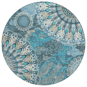 HomeRoots 8' Teal Blue Paisley Round Area Rug - Durable, Washable Design for Indoor & Outdoor Spaces, Family-Friendly 659936