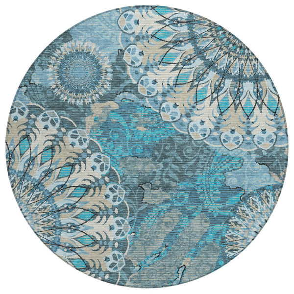 HomeRoots 8' Teal Blue Paisley Round Area Rug - Durable, Washable Design for Indoor & Outdoor Spaces, Family-Friendly 659936