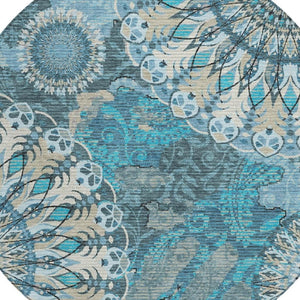 HomeRoots 8' Teal Blue Paisley Round Area Rug - Durable, Washable Design for Indoor & Outdoor Spaces, Family-Friendly 659936