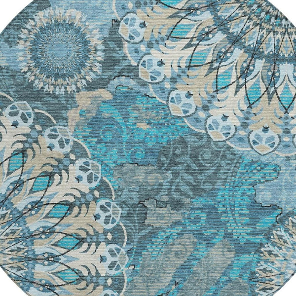 HomeRoots 8' Teal Blue Paisley Round Area Rug - Durable, Washable Design for Indoor & Outdoor Spaces, Family-Friendly 659936