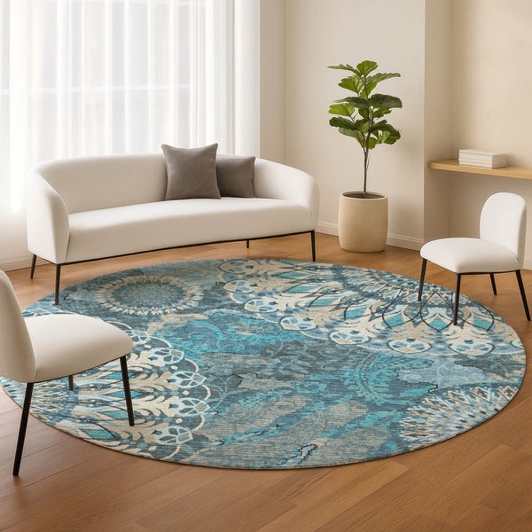 HomeRoots 8' Teal Blue Paisley Round Area Rug - Durable, Washable Design for Indoor & Outdoor Spaces, Family-Friendly 659936