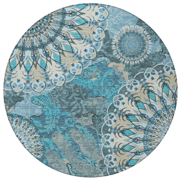 HomeRoots 8' Teal Blue Paisley Round Area Rug - Durable, Washable Design for Indoor & Outdoor Spaces, Family-Friendly 659936