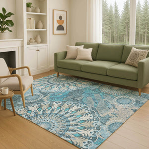 HomeRoots 8' X 10' Elegant Teal Blue Paisley Indoor Outdoor Rug - Washable, Durable, Perfect for High Traffic Areas 659937