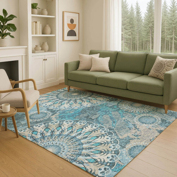 HomeRoots 8' X 10' Elegant Teal Blue Paisley Indoor Outdoor Rug - Washable, Durable, Perfect for High Traffic Areas 659937