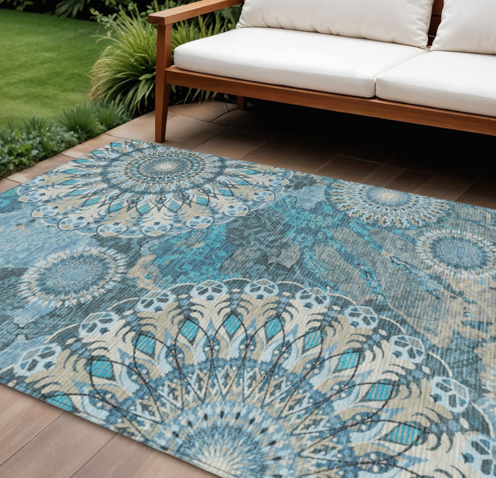 HomeRoots 9' Teal Blue Khaki Ivory Paisley Washable Area Rug - Durable Indoor/Outdoor Design for Any Space 659938