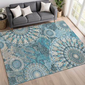 HomeRoots 9' Teal Blue Khaki Ivory Paisley Washable Area Rug - Durable Indoor/Outdoor Design for Any Space 659938