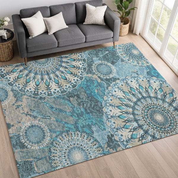 HomeRoots 9' Teal Blue Khaki Ivory Paisley Washable Area Rug - Durable Indoor/Outdoor Design for Any Space 659938