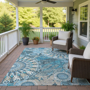 HomeRoots 9' Teal Blue Khaki Ivory Paisley Washable Area Rug - Durable Indoor/Outdoor Design for Any Space 659938