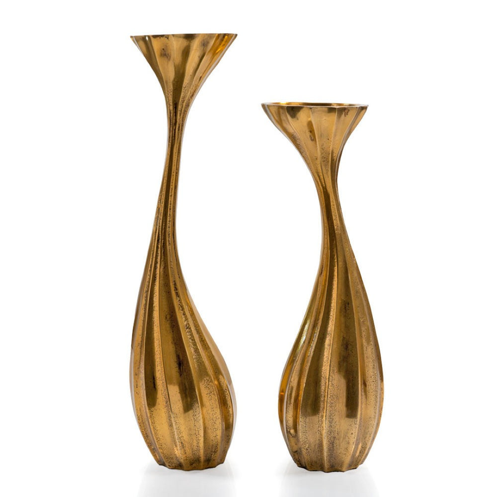 HomeRoots Set of Two Antiqued Gold Aluminum Candle Holders – Elegant Wavy Design for Chic Home Decor & Gifts 659940