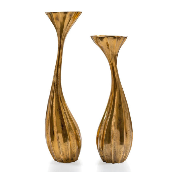 HomeRoots Set of Two Antiqued Gold Aluminum Candle Holders – Elegant Wavy Design for Chic Home Decor & Gifts 659940