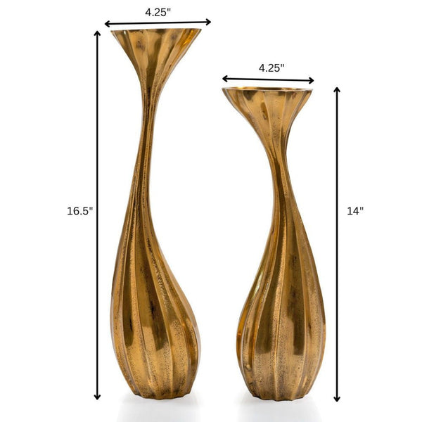 HomeRoots Set of Two Antiqued Gold Aluminum Candle Holders – Elegant Wavy Design for Chic Home Decor & Gifts 659940