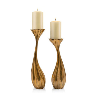 HomeRoots Set of Two Antiqued Gold Aluminum Candle Holders – Elegant Wavy Design for Chic Home Decor & Gifts 659940