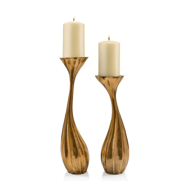 HomeRoots Set of Two Antiqued Gold Aluminum Candle Holders – Elegant Wavy Design for Chic Home Decor & Gifts 659940