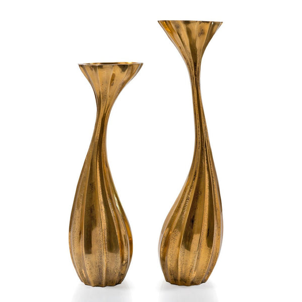 HomeRoots Set of Two Antiqued Gold Aluminum Candle Holders – Elegant Wavy Design for Chic Home Decor & Gifts 659940