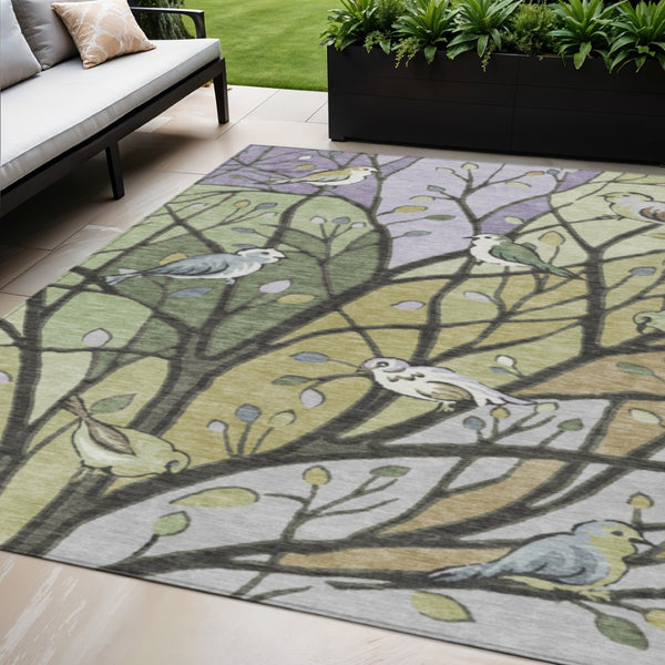 HomeRoots 5' X 8' Botanical Leaves Area Rug – Artichoke Green, Wheat & Lavender – Washable, Durable & Versatile 659942