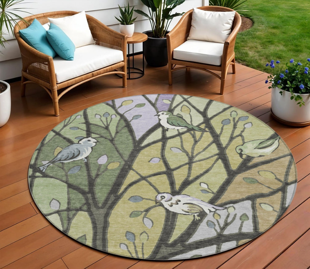 HomeRoots 8' Washable Round Area Rug with Artichoke Green, Wheat & Lavender Leaves for Indoor/Outdoor Use 659943